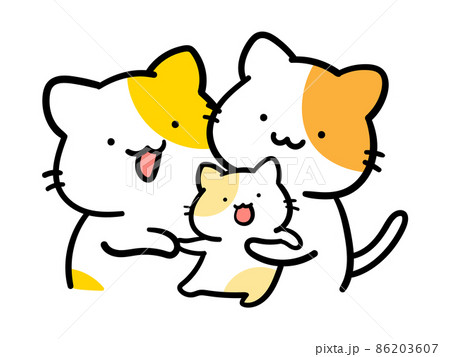 出産・子育てをするかわいいねこ家族の手書き風イラストのイラスト素材