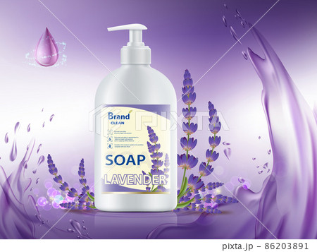Plastic bottle of lavender soap with flowers. 86203891