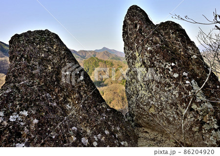 道志山塊の鶴島御前山のハサミ岩と朝日の高柄山を望む 86204920
