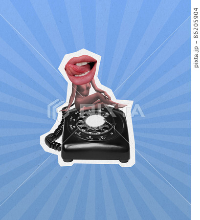Slim young girl with open mouth instead head sitting on big retro phone. Contemporary art collage. Surrealism. Slim young girl with open mouth instead head sitting on big retro phone. Contemporary art collage. Surrealism. 86205904