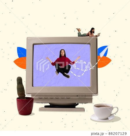 Creative design. Contemporary art collage. Young girls sitting in lotus pose and lying on computer symbolizing telewroking Creative design. Contemporary art collage. Young girls sitting in lotus pose and lying on computer symbolizing telewroking 86207129