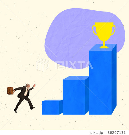 Creative design. Contemporay art collage. Senior man, businessman running to success Creative design. Contemporay art collage. Senior man, businessman running to success 86207131