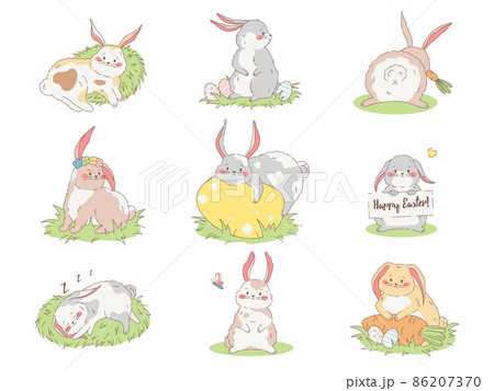 Happy Easter bunnies set. Vector illustrations. Happy Easter bunnies set. Vector illustrations. 86207370