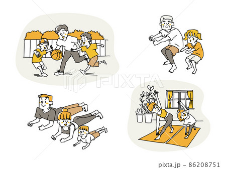 一緒に運動を楽しむ幸せな家族 コミカルな手書きの人物 ベクター 線画にシンプルな色つけ のイラスト素材