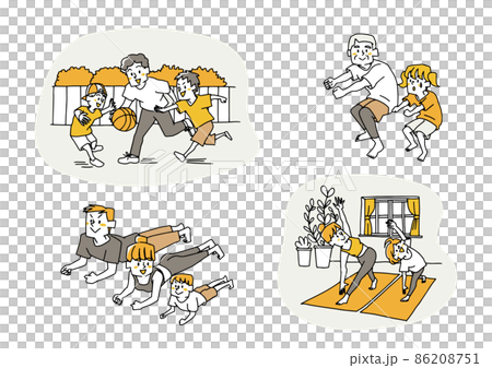 A happy family who enjoys exercising together, a comical handwritten person, a vector, and simple coloring of line drawings. A happy family who enjoys exercising together, a comical handwritten person, a vector, and simple coloring of line drawings. 86208751