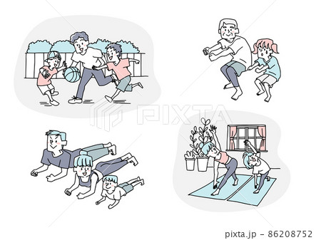 一緒に運動を楽しむ幸せな家族　コミカルな手書きの人物　ベクター、線画にシンプルな色つけ　 86208752