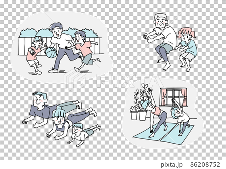 一緒に運動を楽しむ幸せな家族　コミカルな手書きの人物　ベクター、線画にシンプルな色つけ　 86208752