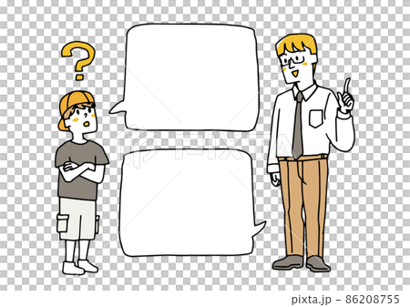 カジュアルな服装の男の子と先生 質問と答え コピースペース コミカルな手書きの人物イラスト のイラスト素材