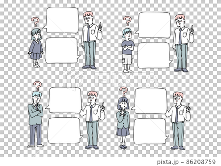 子供たちの質問に答える先生のセット　コピースペース　コミカルな手書きの人物イラスト　 86208759
