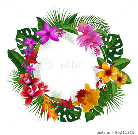 Tropical wreath with exotic flowers. Green round frame 86211319
