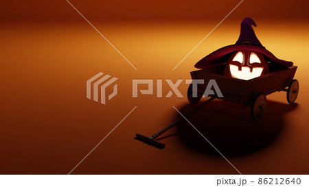 Halloween Funny Lantern Jack Pumpkin Sitting in Little Wooden Wagon. Rendering from 3D. 86212640