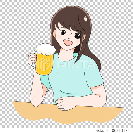 若いOL風女性が大ジョッキ片手に笑顔で飲む様子（カラー） 86213184