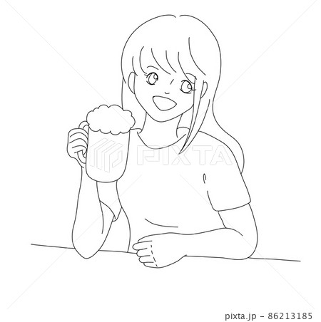 若いOL風女性が大ジョッキ片手に笑顔で飲む様子（白黒・線画） 86213185