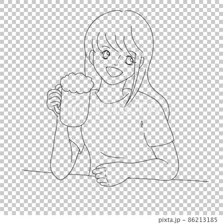 若いOL風女性が大ジョッキ片手に笑顔で飲む様子（白黒・線画） 86213185