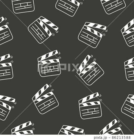 Hand drawn clapper icon for the movie seamless pattern. Doodle firecracker for filmmaking. Board for a film set vector illustration on black background Hand drawn clapper icon for the movie seamless pattern. Doodle firecracker for filmmaking. Board for a film set vector illustration on black background 86213588