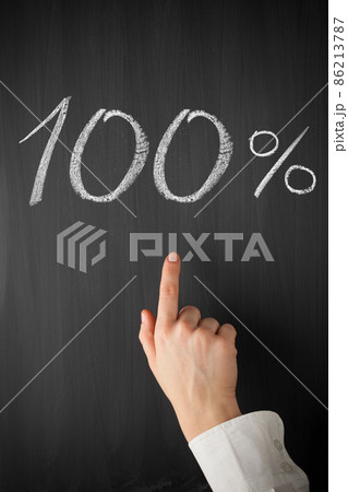 forefinger point at 100 percent title on a blackboard 86213787