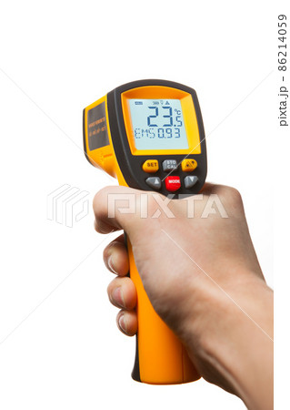 infrared laser thermometer in hand isolated on white 86214059