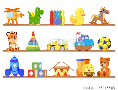 Toys on shelves. Toy store background, boat truck, cartoon bear on wooden shelf. Plastic dino, isolated children game decent elements 86215565
