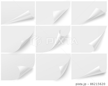 Curled corners blank sheets. Isolated paper mockup, curl note page. Turn up edge, realistic notes stickers with curved effect exact flyers template Curled corners blank sheets. Isolated paper mockup, curl note page. Turn up edge, realistic notes stickers with curved effect exact flyers template 86215620