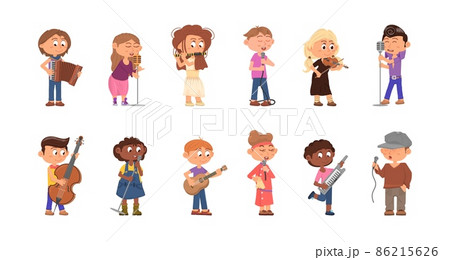 Child musicians. Kids with microphone, cartoon singer and musician. Children play on musical instruments, cartoon concert decent characters 86215626