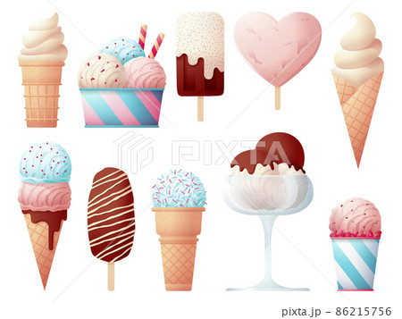 Ice cream collection. Creams objects, glace lolly and cone with cream ball. Isolated chocolate sweets, cold desserts. Creamy delicious swanky set 86215756
