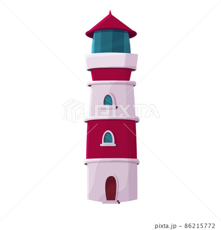 Lighthouse building, seaside tower in white and red colors in cartoon style isolated on white background. Navigation sign. 86215772
