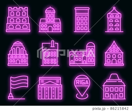 Riga icons set vector neon Riga icons set vector neon 86215842