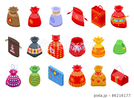 Lucky bag icons set, isometric style Lucky bag icons set, isometric style 86216177