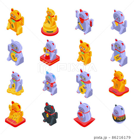 Lucky cat icons set, isometric style Lucky cat icons set, isometric style 86216179