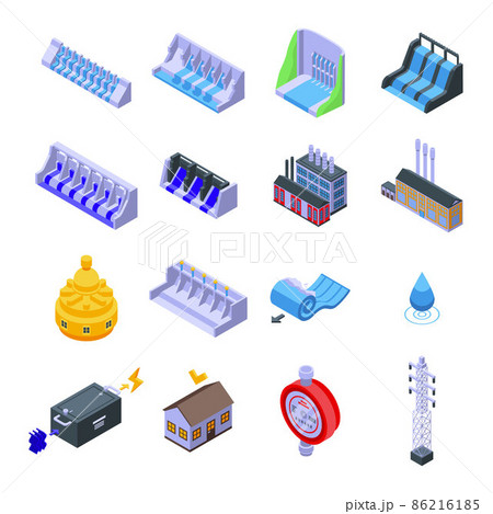 Hydro power icons set, isometric style 86216185