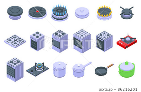 Burning gas stove icons set, isometric style 86216201