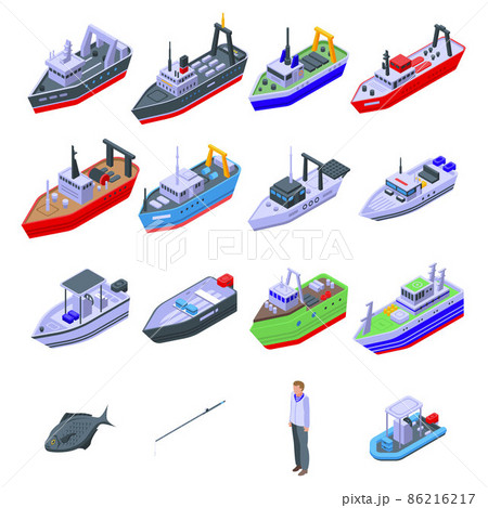 Fishing boat icons set, isometric style 86216217