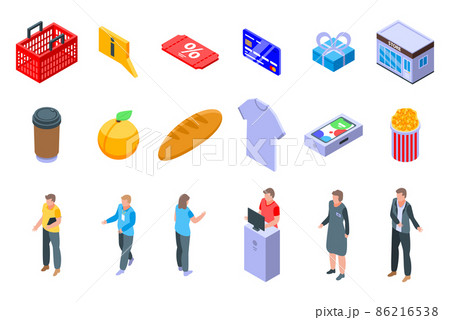 Shop assistant icons set, isometric style 86216538