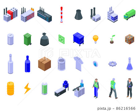 Recycle factory icons set, isometric style Recycle factory icons set, isometric style 86216566