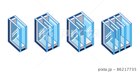 Set of different types double glazed windows. PVC plastic or aluminum metal profile. 86217735