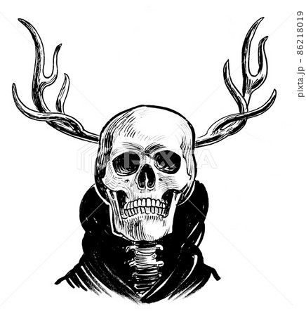 Human skull with deer horns. Ink black and white drawing 86218019