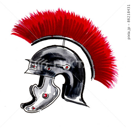 Roman soldier helmet. Ink and watercolour drawing 86218431