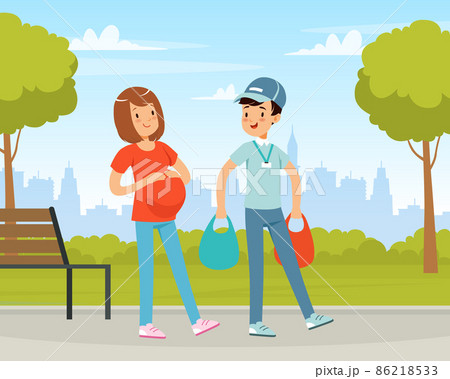 Man Volunteer Carrying Shopping Bags Helping Pregnant Woman Vector Illustration 86218533