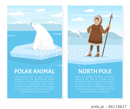Banner with Eskimo Indigenous Man Hunter with Spear and White Polar Bear on Ice Plate Vector Illustration 86218627