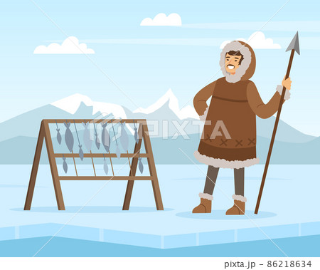 Eskimo Indigenous Man with Spear Near Fish Rack Vector Illustration 86218634