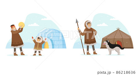 Eskimo Indigenous Man with Kid and Husky Dog Near Icy Igloo Vector Illustration 86218636