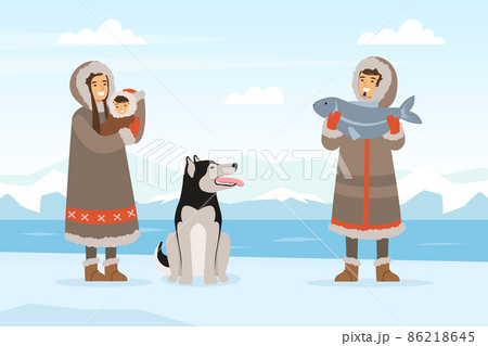 Eskimo Indigenous Family with Kid and Husky Dog Catching Fish Vector Illustration 86218645