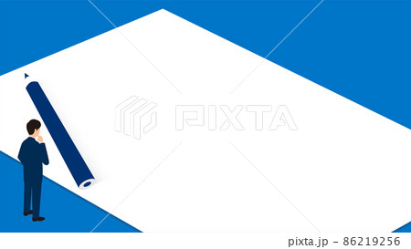 白紙の前で悩むスーツの男性のイラスト、中央にコピースペース、ベクター 白紙の前で悩むスーツの男性のイラスト、中央にコピースペース、ベクター 86219256