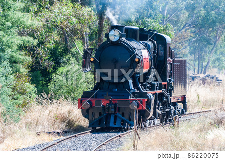 Historic steam train running on Maldon-Castlemaine route in Australia. 86220075