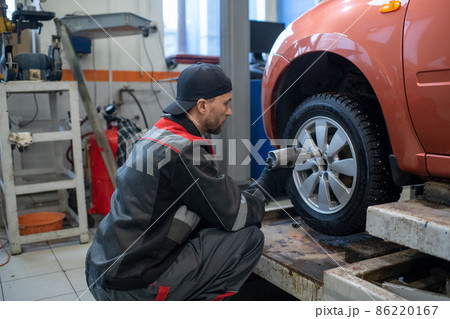 Young repairman in workwear using electric handtool while changing wheel of car Young repairman in workwear using electric handtool while changing wheel of car 86220167
