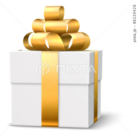 Golden bow on white present box. Holiday gift decoration 86220428