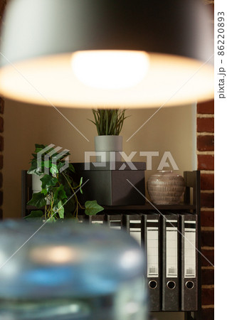 Close up of office space decoration and furniture with plants, accessories and books on bookshelf Close up of office space decoration and furniture with plants, accessories and books on bookshelf 86220893