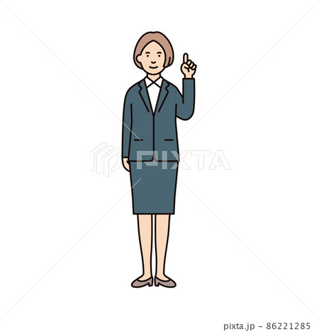 人物 女性 スーツ 全身 指差しポーズ 左手のイラスト素材