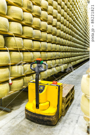 Parmigiano Cheese factory production shelves with aging cheese i 86221821