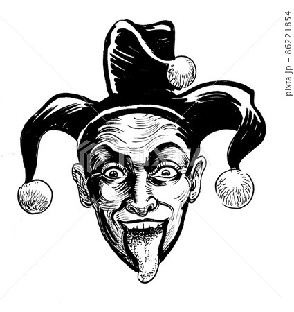 Mad looking jester with his tongue out. Ink black and white drawing 86221854